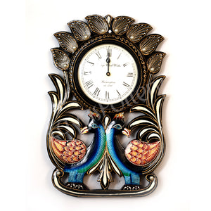 Wooden Circle Down Double Opposite Facing Peacock Clock