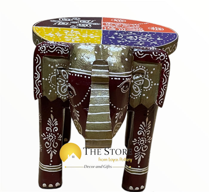 Wooden Bajot with Painted Style Stool Wooden Elephant