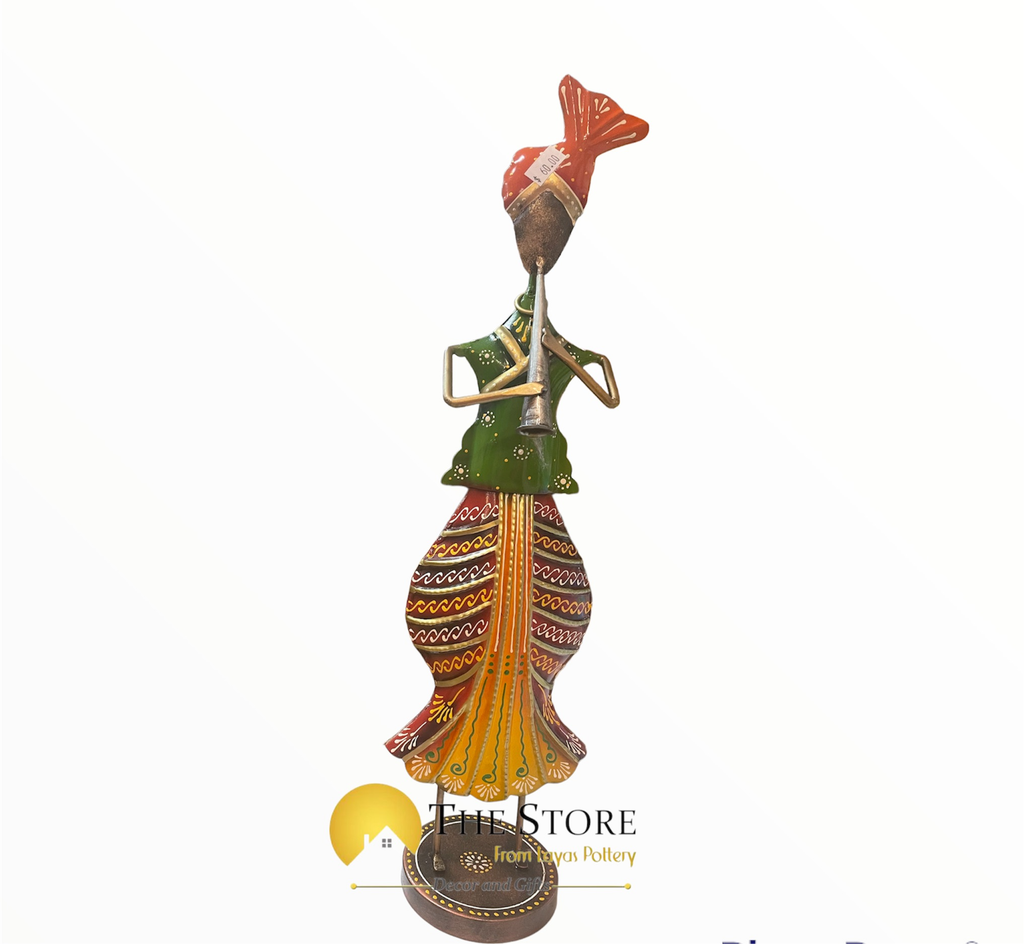 Indian Standing Musician Playing wind instrument Wrought Iron Metal Colorful - Unique Home Decor