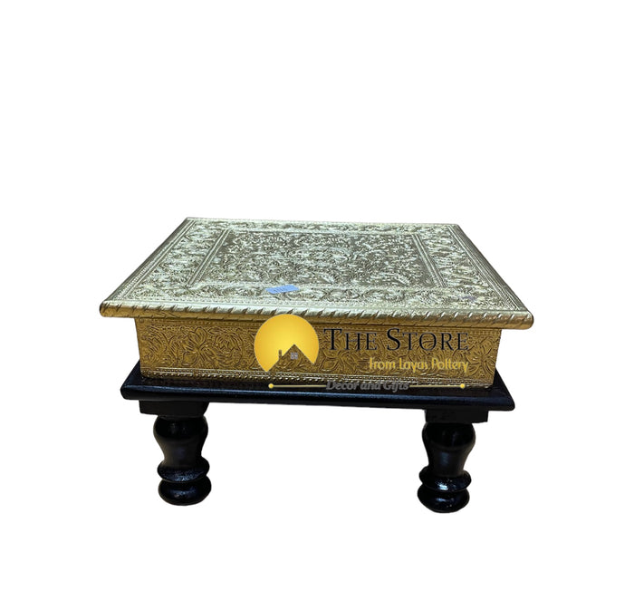 Wooden Bajot with Brass Fitted Golden Brass Stool Square