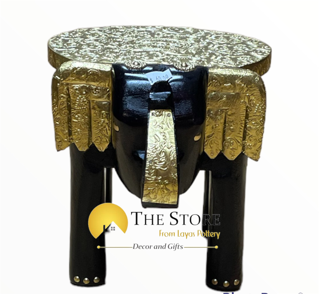 Wooden Bajot with Brass Fitted Golden Brass Stool Elephant Shaped
